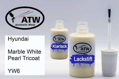 Hyundai, Marble White Pearl Tricoat, YW6: 20ml Lackstift + 20ml Klarlack - Set, von ATW Autoteile West.